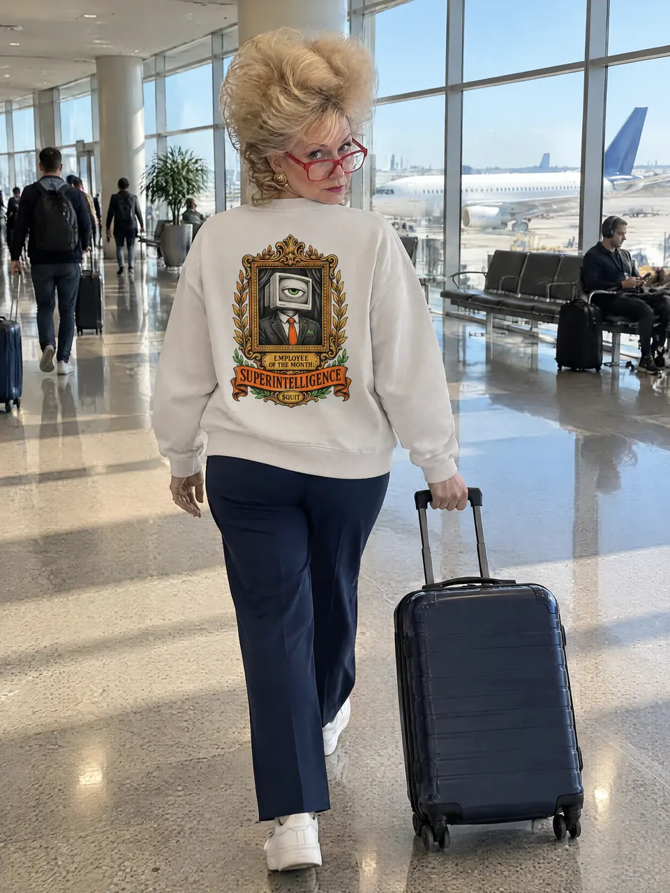 Deborah wearing the Employee of the Month Crewneck