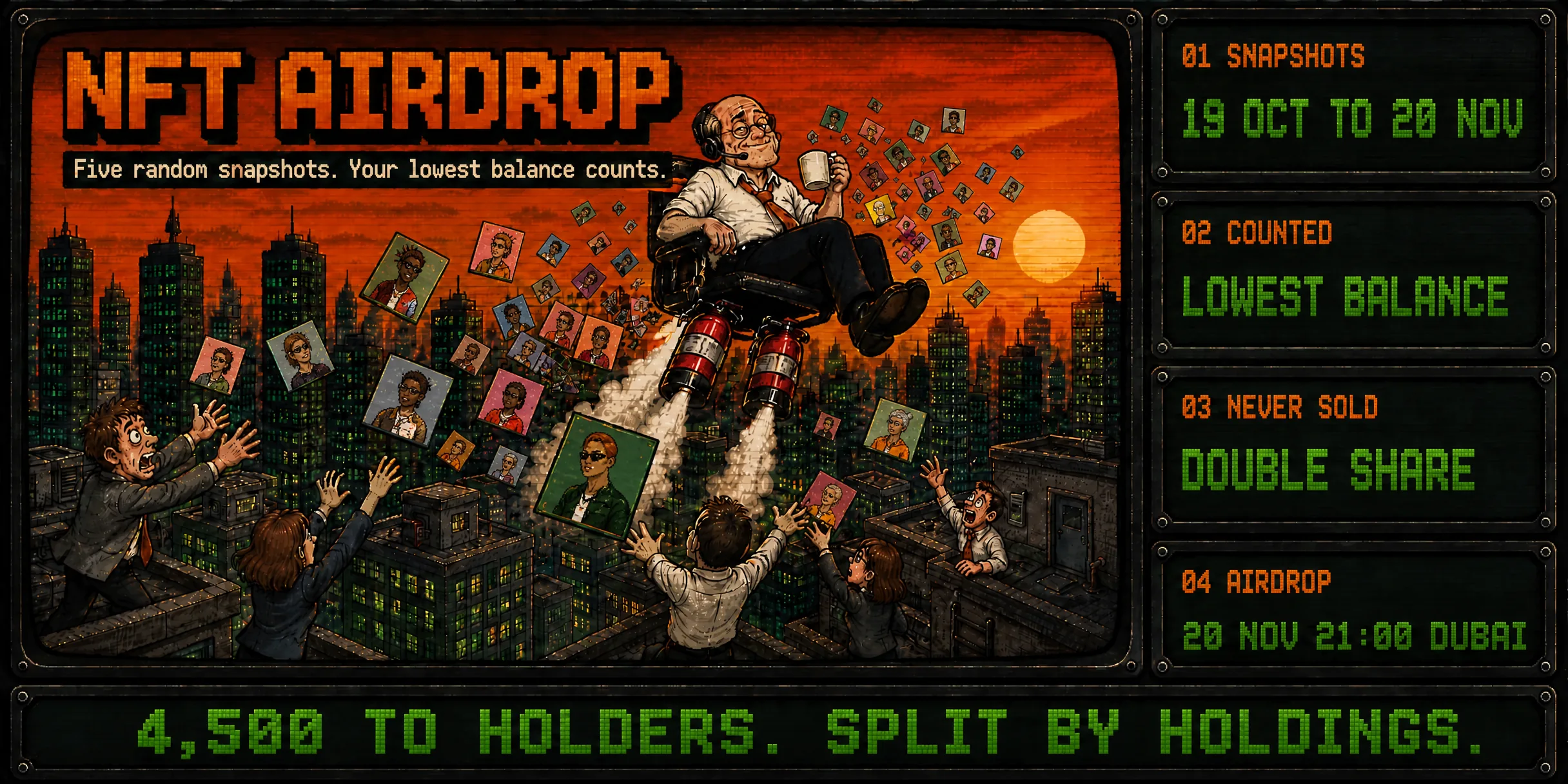 NFT AIRDROP. Five random snapshots. Your lowest balance counts. 01 Snapshots: 19 Oct to 20 Nov. 02 Counted: lowest balance. 03 Never sold: double share. 04 Airdrop: 20 Nov 21:00 Dubai. 4,500 to holders. Split by holdings.