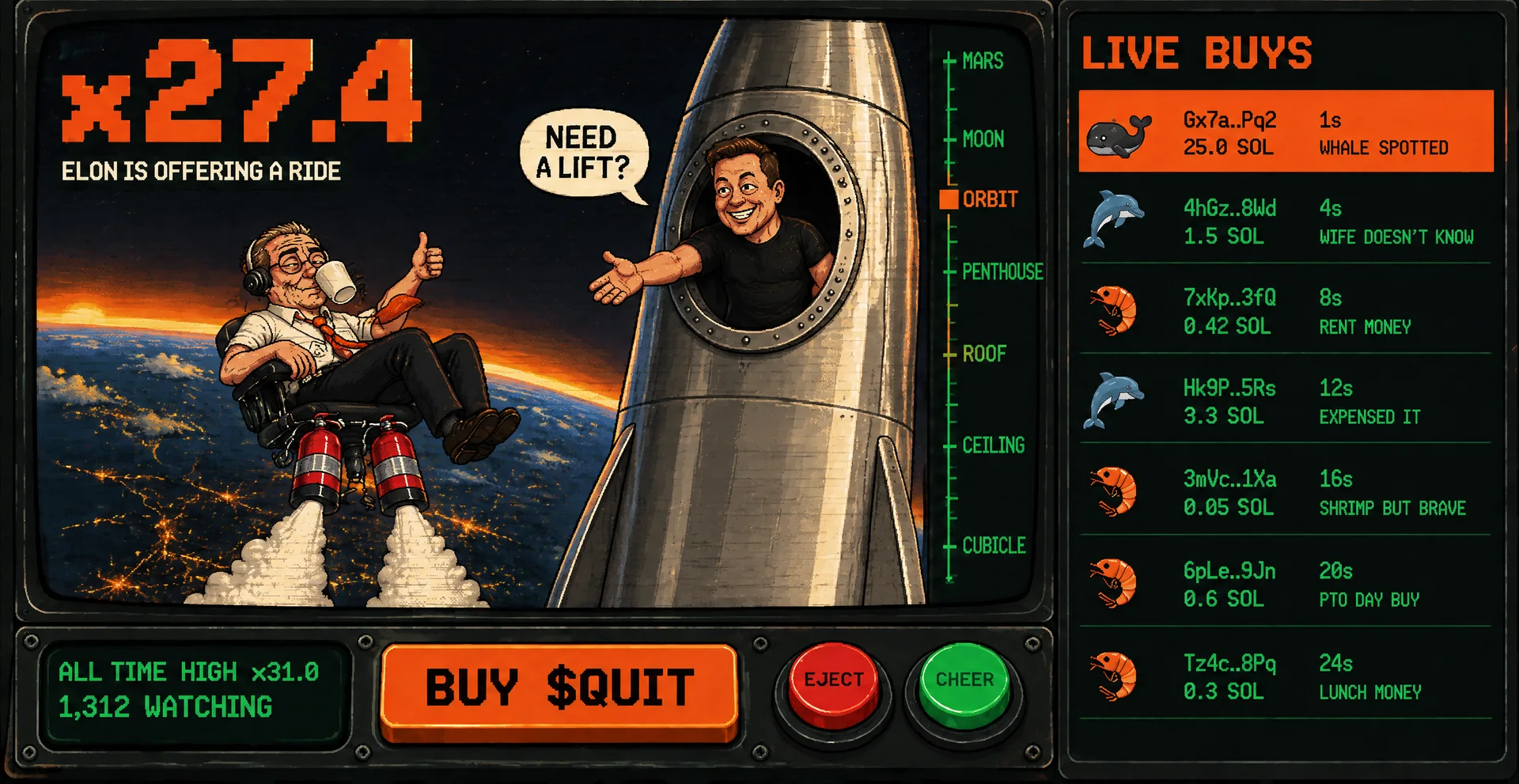 The Orbit floor: Gary floats past a space station in his office chair.