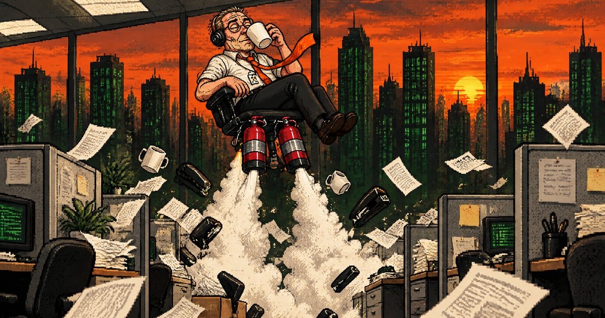 Gary blasts off from his desk on an office chair with two fire extinguishers, papers flying, the city at sunset behind the window.