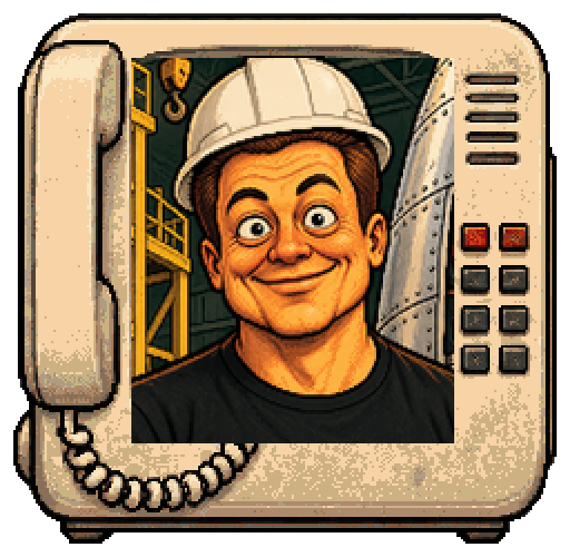 Elon Musk, the desk-phone portrait from the show.
