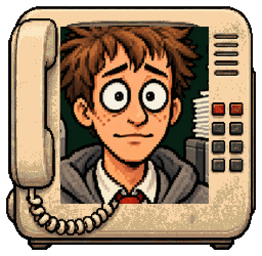 Intern Dev, the desk-phone portrait from the show.