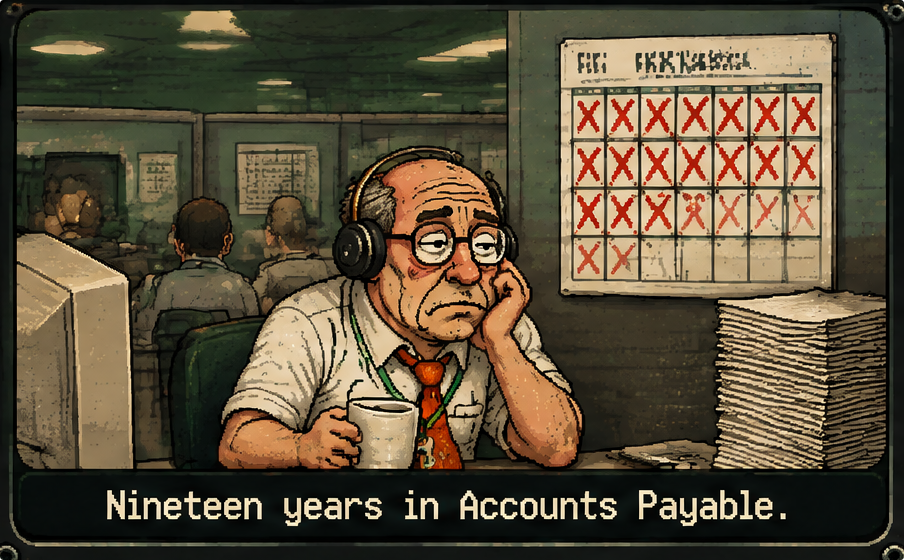 Gary at his desk with his headset and a mug of coffee, under a wall calendar crossed off in red, nineteen years in.